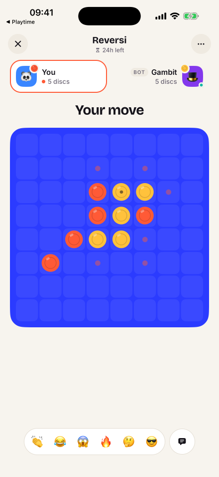 A game of Reversi against Gambit, one of the house bots