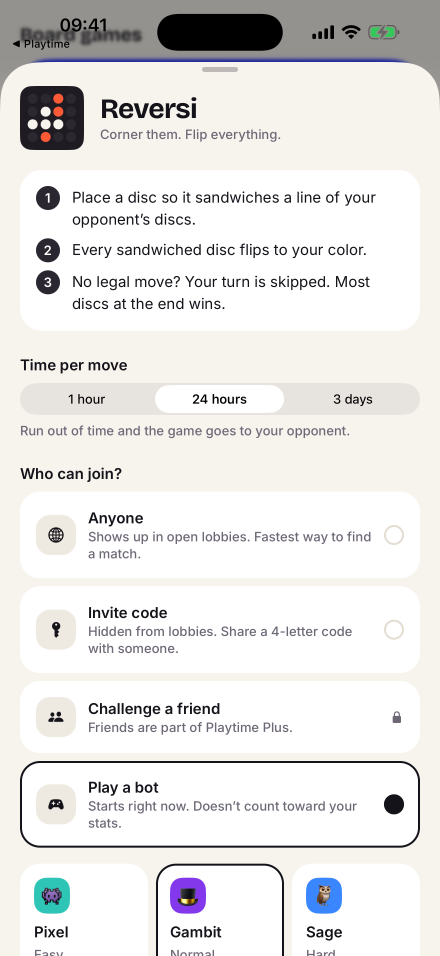 Starting a game: pick who can join, or play a bot right away