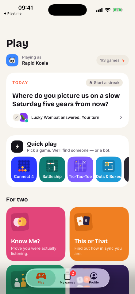 The Play tab: today’s couple question, Quick play and games for two